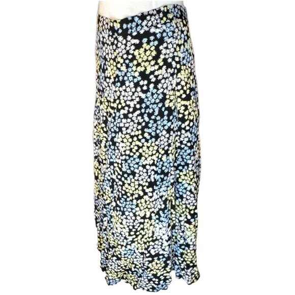 H&M MSRP $44 Black Yellow White Blue Floral Flowy Midi Skirt Back Zip Medium - Picture 3 of 5